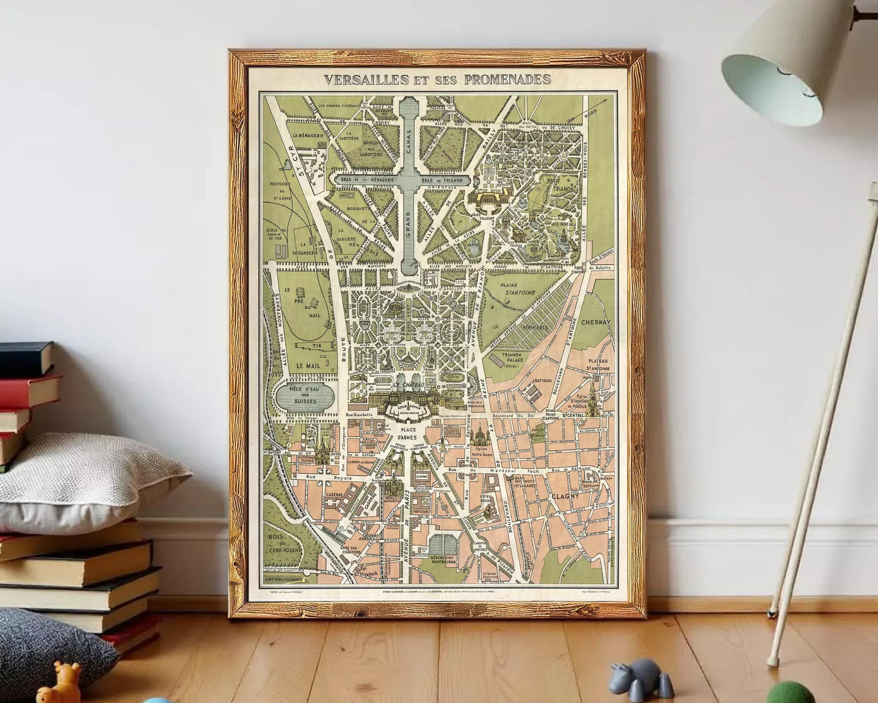 a framed vintage map of Versailles, the historic palace and garden complex in Paris, France.