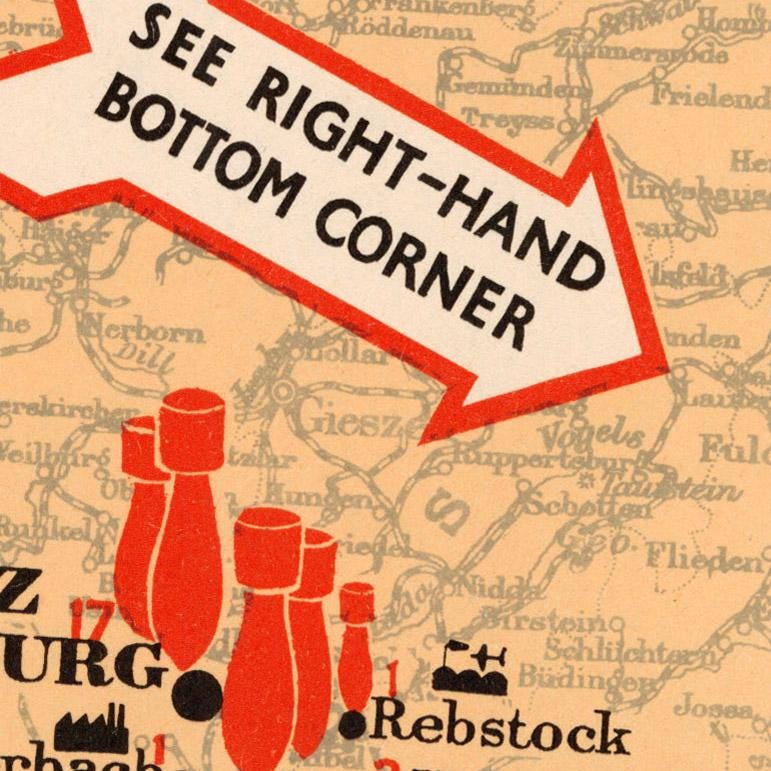 The image is a vintage advertisement featuring a map with a red arrow pointing to the bottom right corner, along with the text "See Right-Hand Corner".