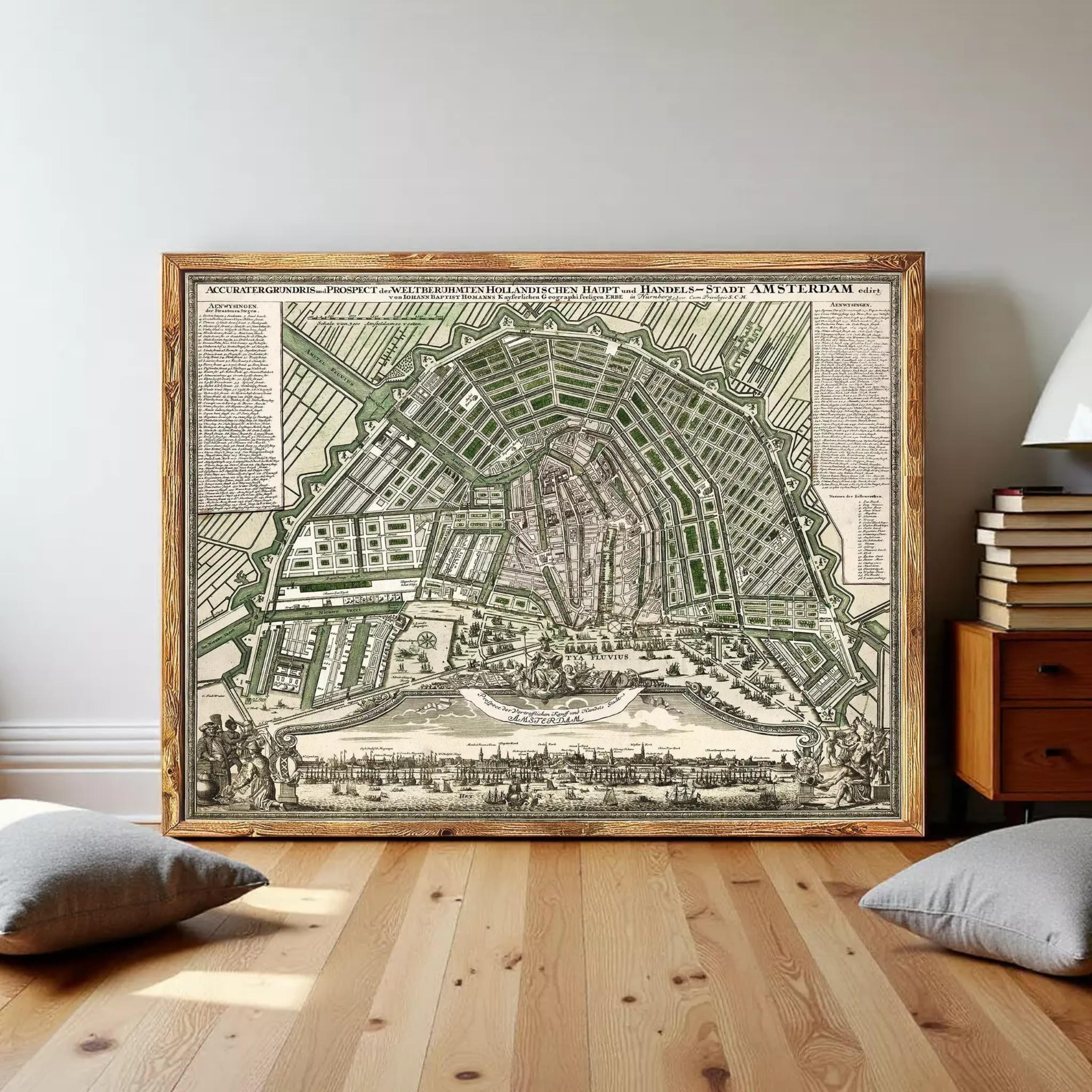 The image is a framed antique map of Amsterdam, featuring detailed illustrations of the city's streets, buildings, and waterways.
