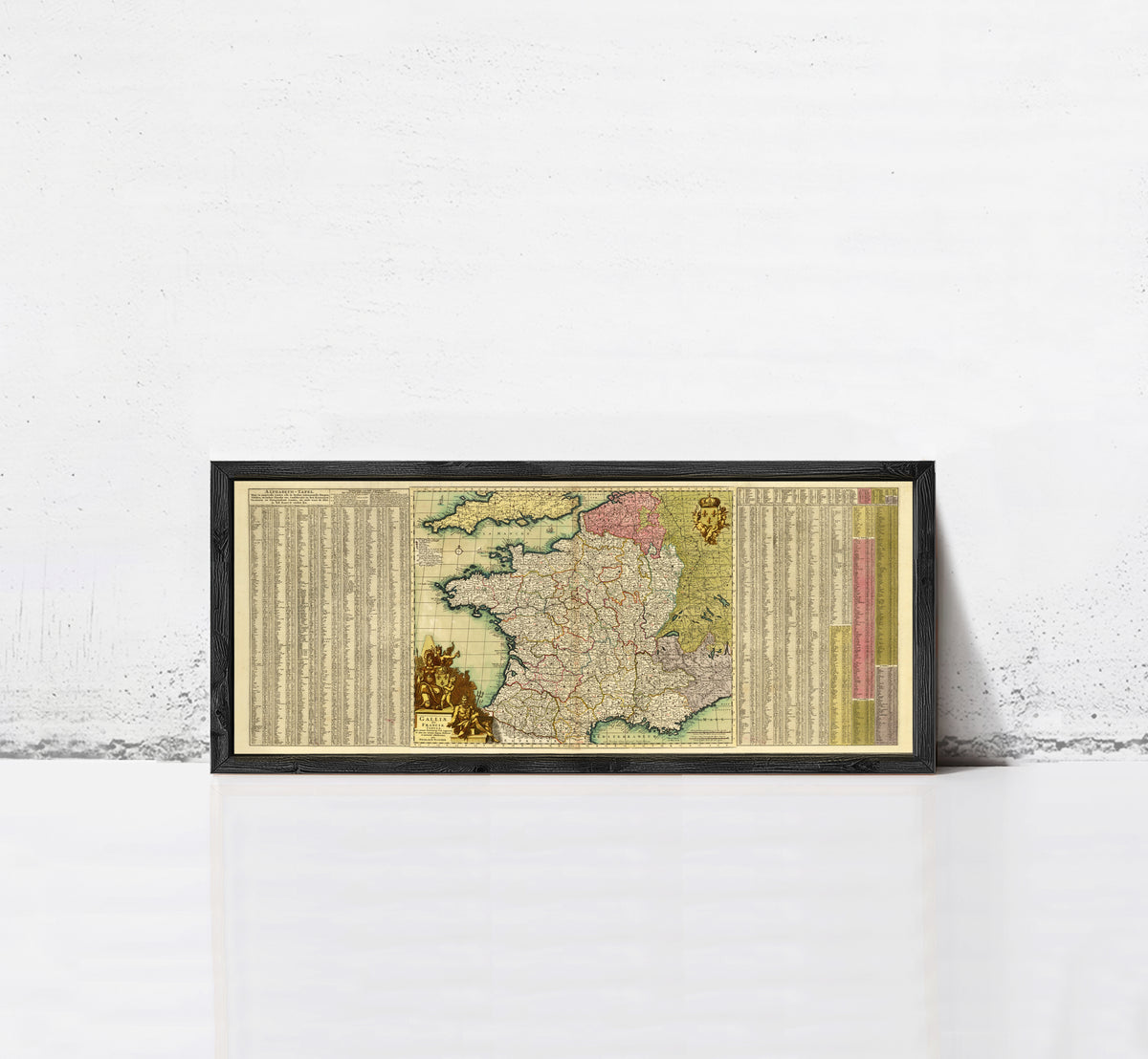 A framed map of Europe and the surrounding areas, with a detailed and colorful depiction of the continent and its countries.