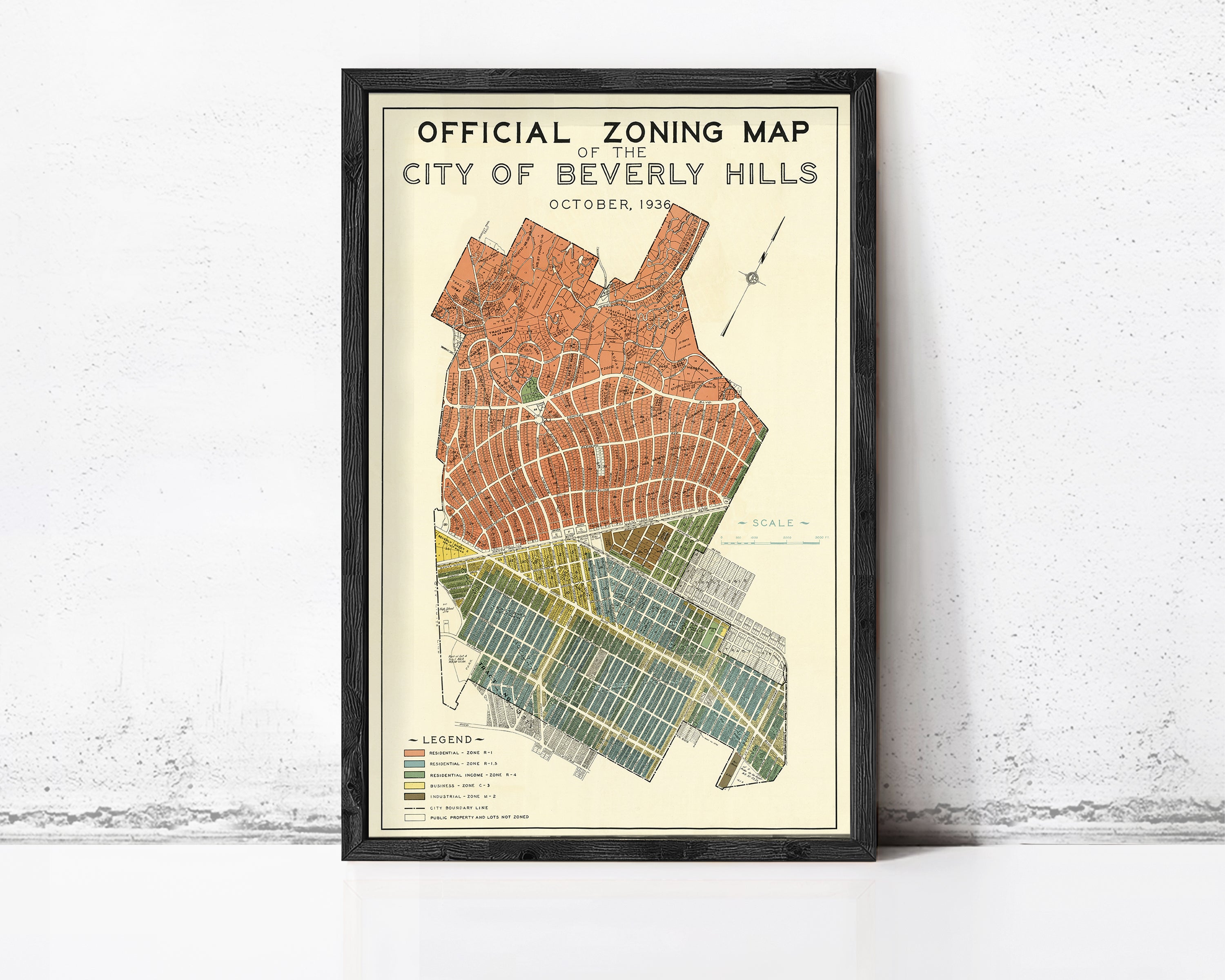 The image is a framed vintage map of Beverly Hills, California, dated October, 1938.