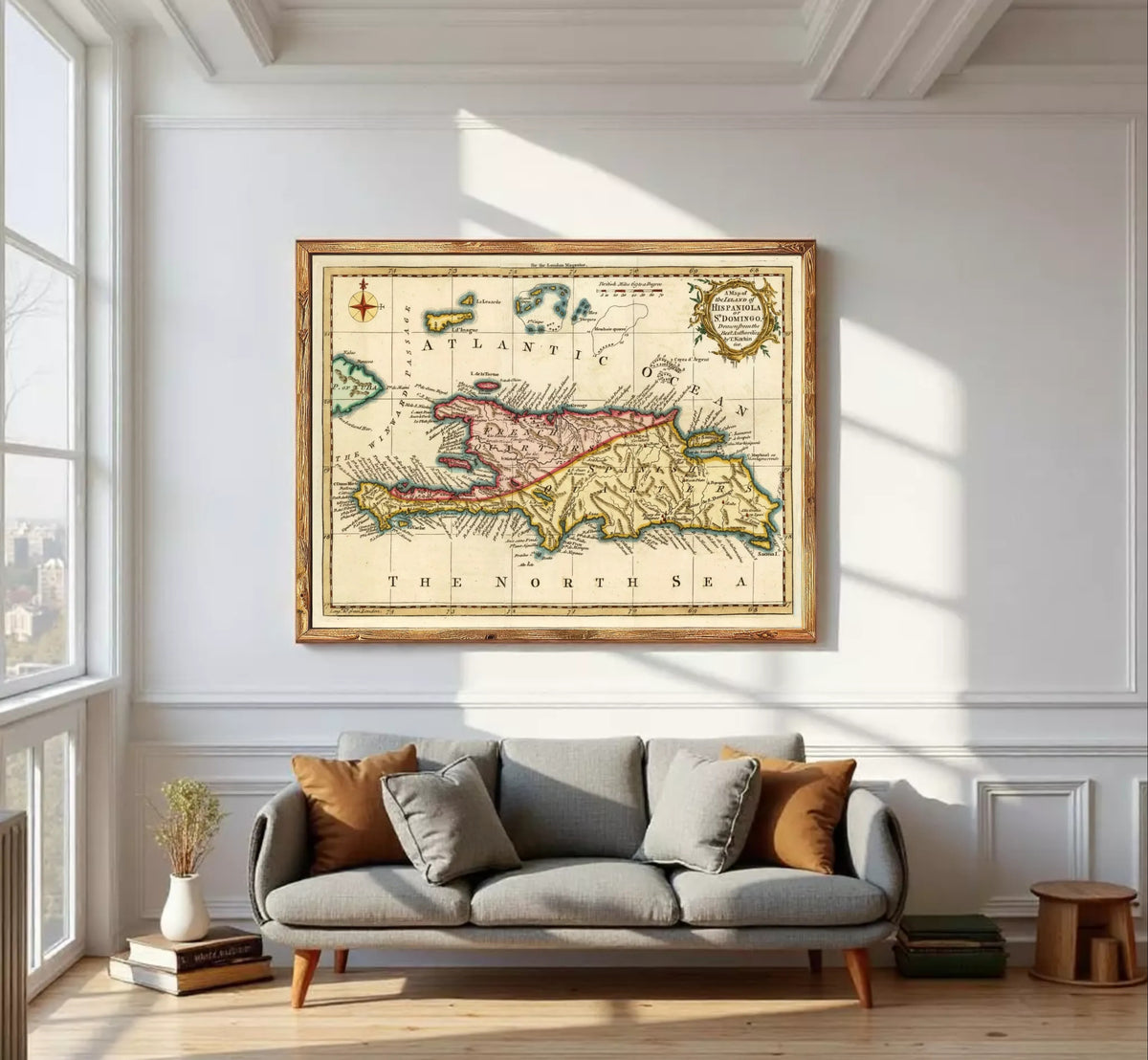 The image is a framed vintage map of the Caribbean Sea, including the Bahamas, Cuba, and the North and South Seas.