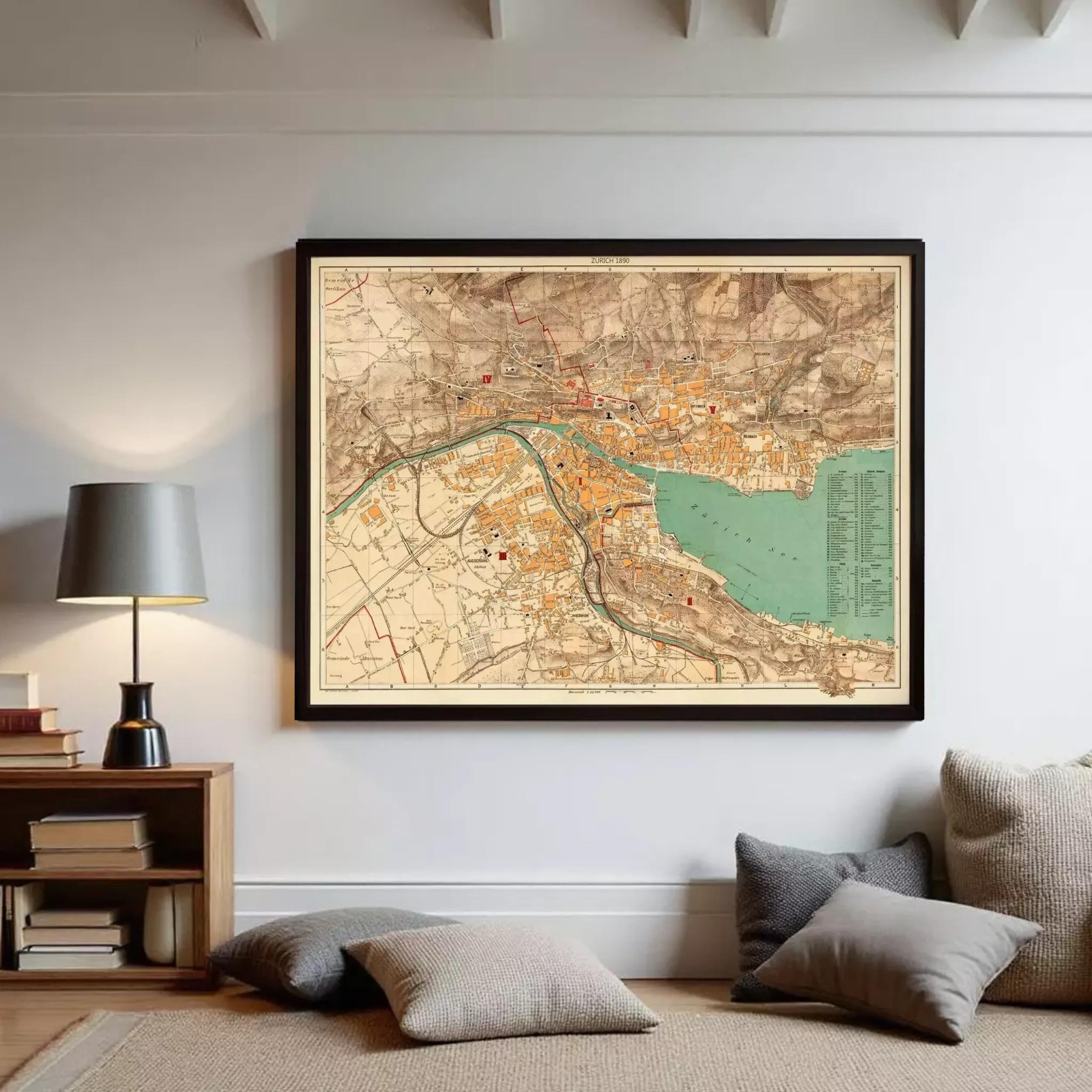 a large framed map of a city hanging on a wall in a living room.