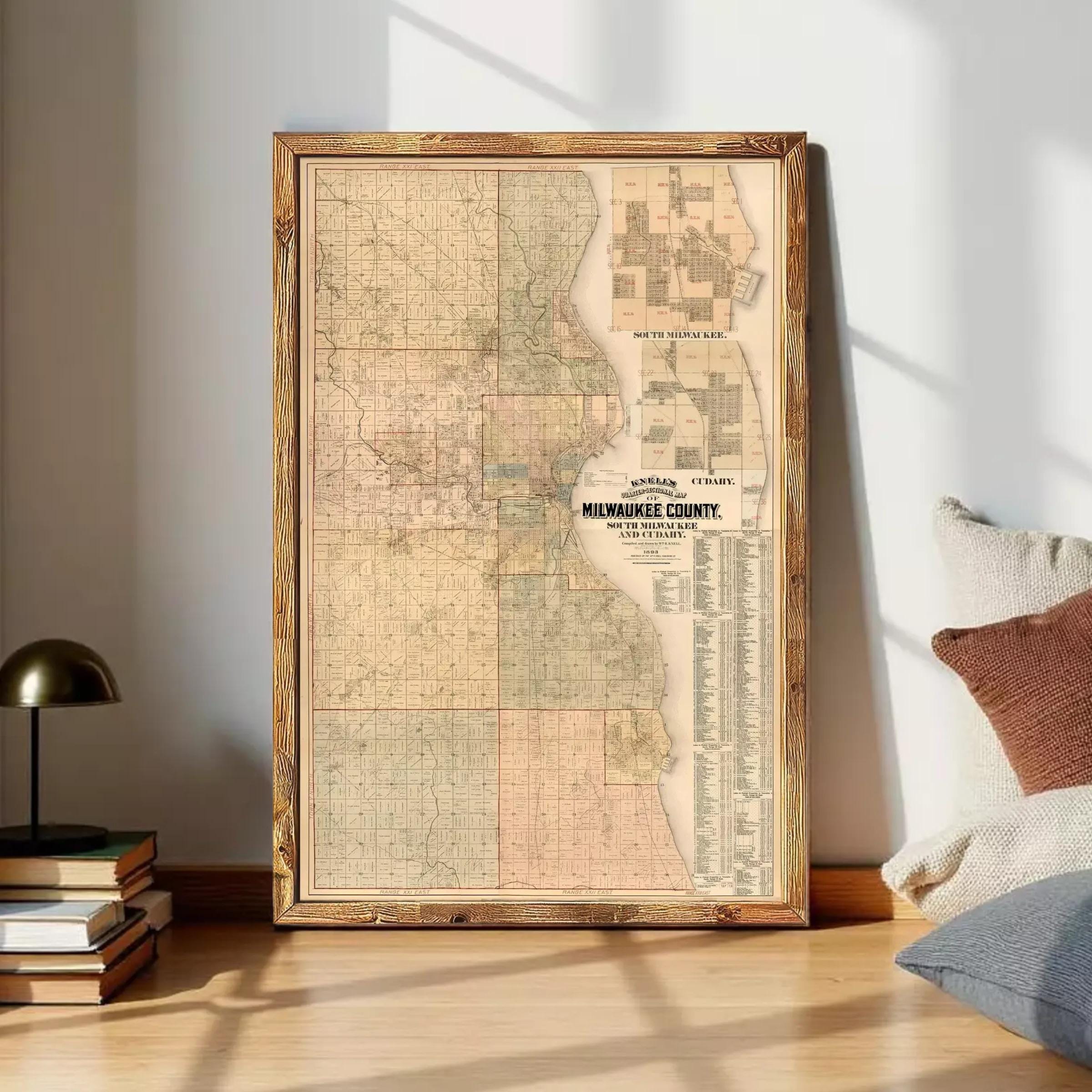 The image is a framed map of the Chicago area, showing the city's geographical layout and surrounding regions.