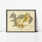 The image is a framed map of Iceland, depicting the country's geographical features and boundaries.