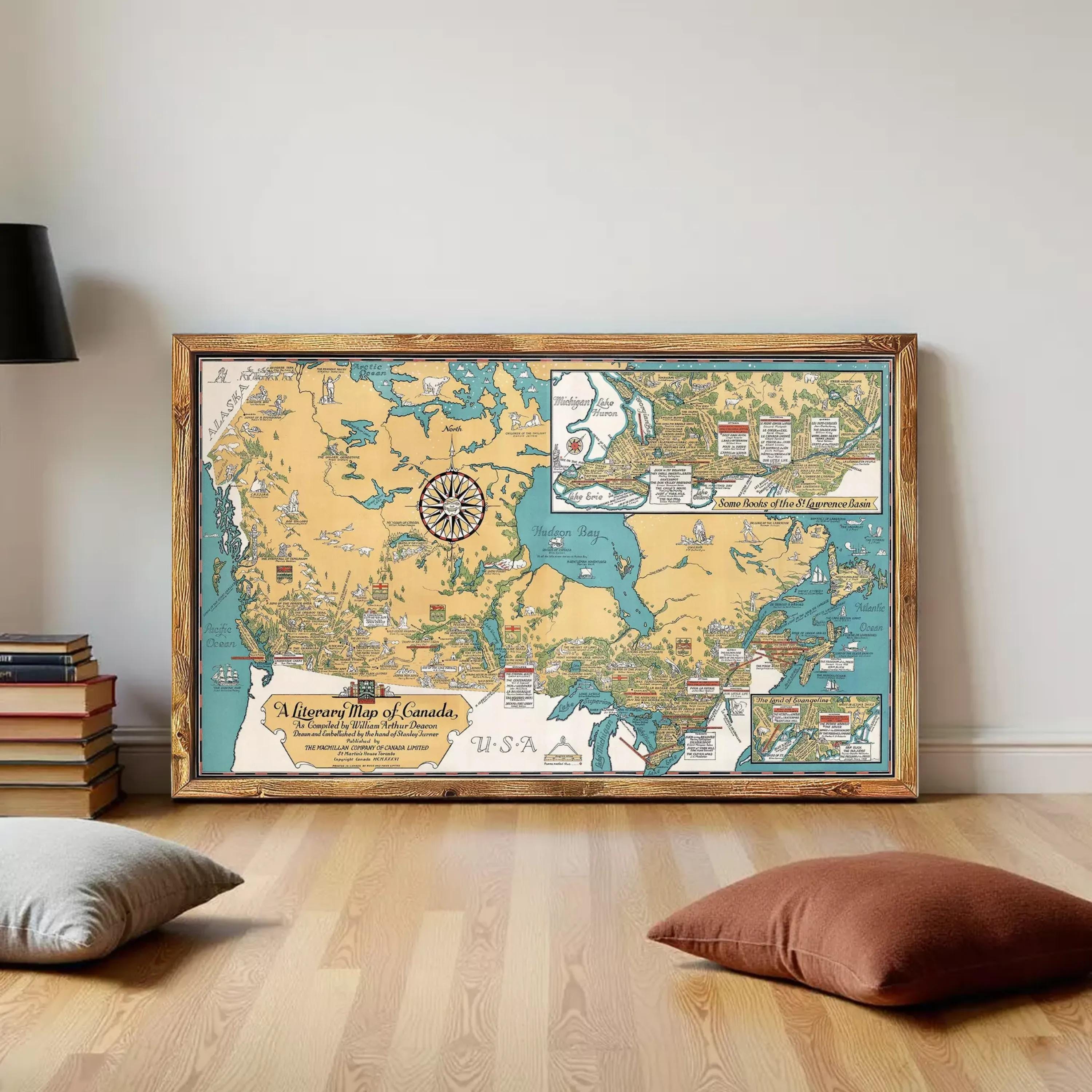 A framed map of Canada, depicting various regions and landmarks, is displayed on a white wall.