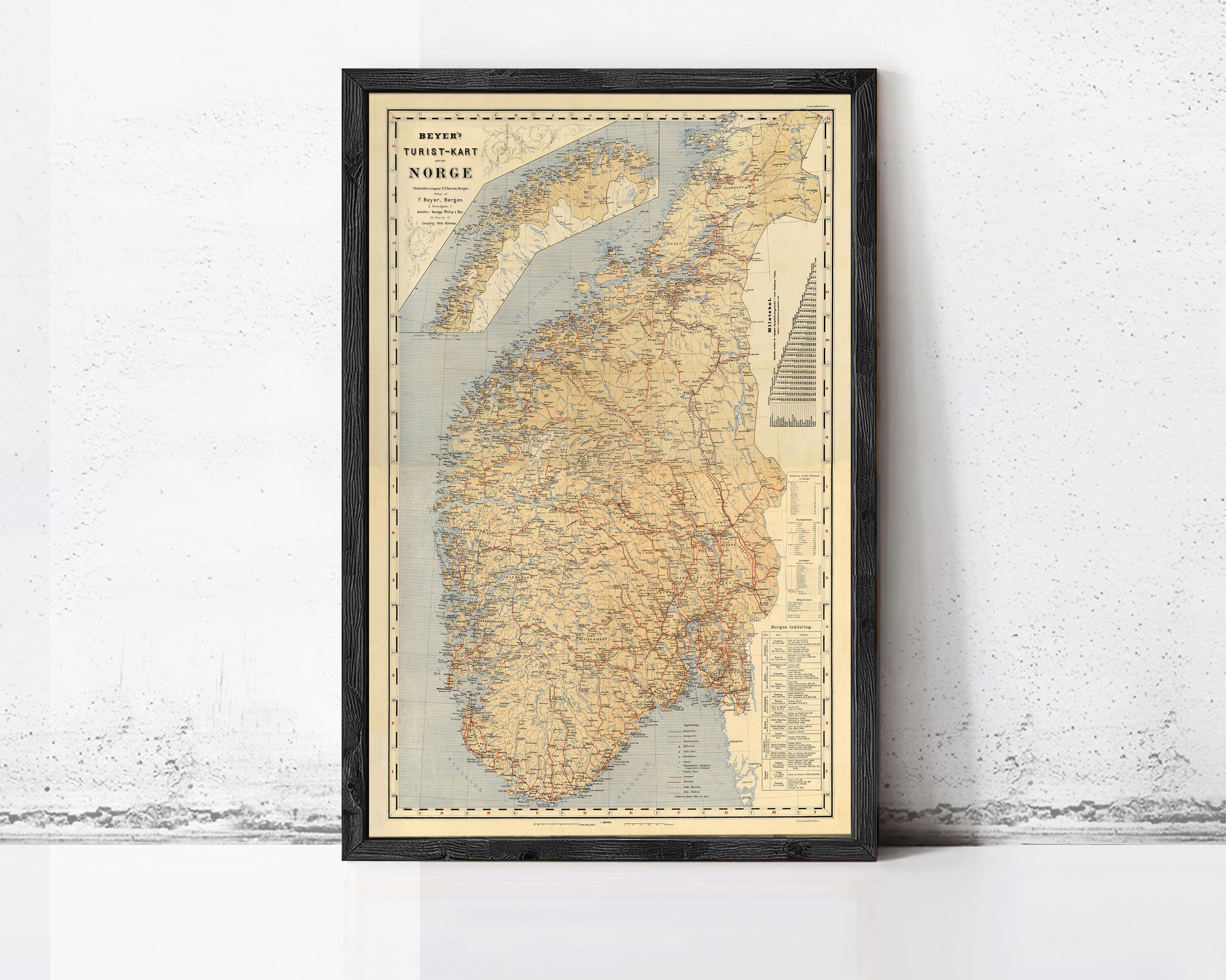 The image is a framed map of Norway, with a vintage style and a black border.