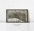 The image is a framed art print depicting a detailed map of a city, with various buildings and landmarks represented in a collage-like manner.
