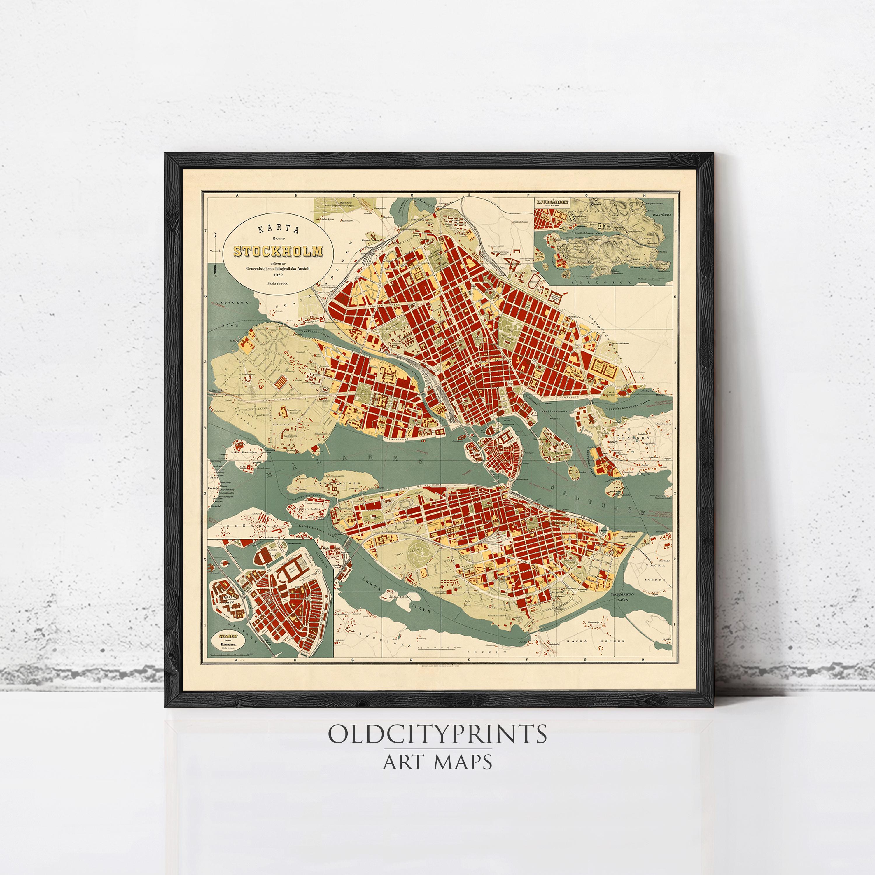 The image is a framed vintage map of Stockholm, Sweden, depicting the city's streets and surrounding areas in a stylized manner.