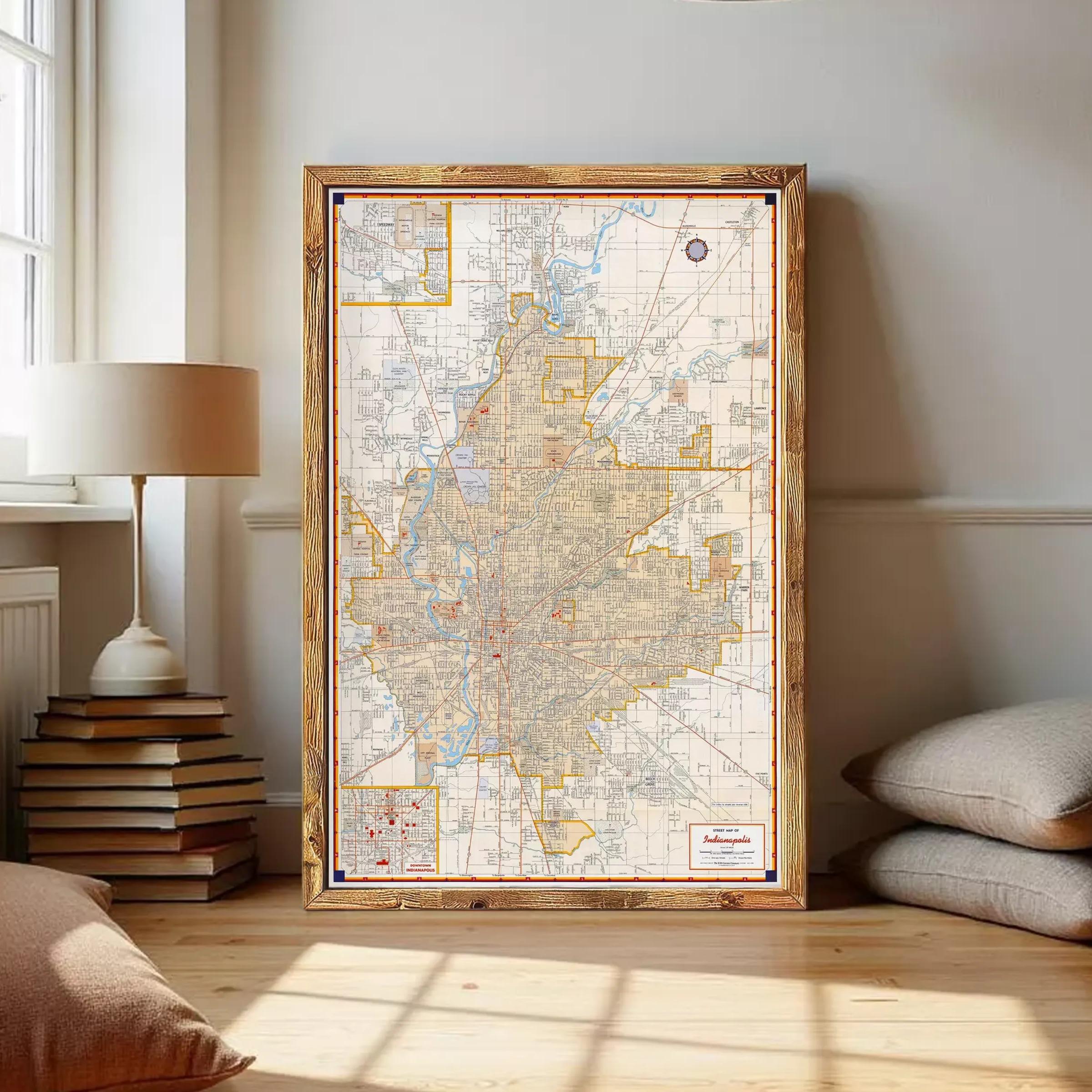 The image is a framed map of a city, likely showing the layout of streets, neighborhoods, and other geographic features.