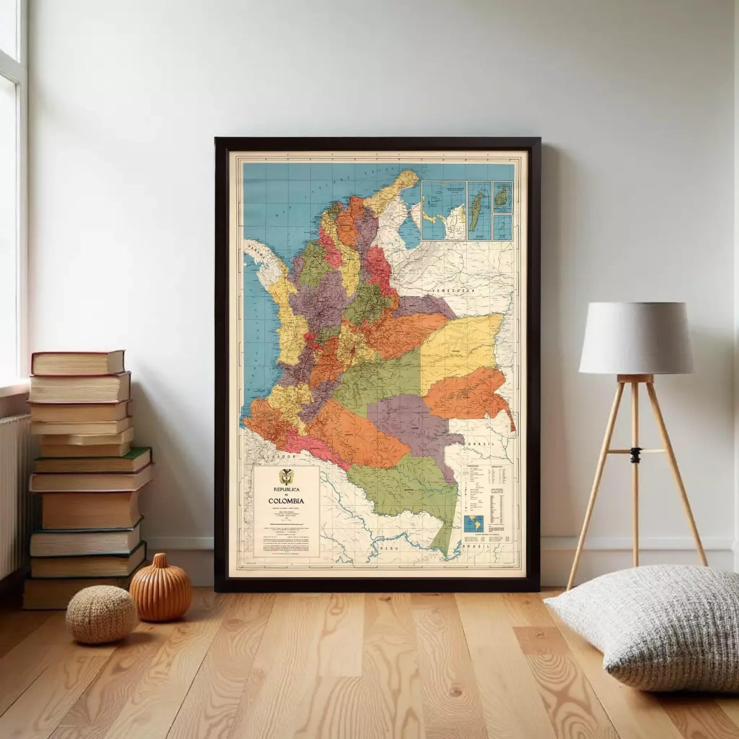 The image is a framed map of Colombia, showing the country's geographical layout and boundaries.