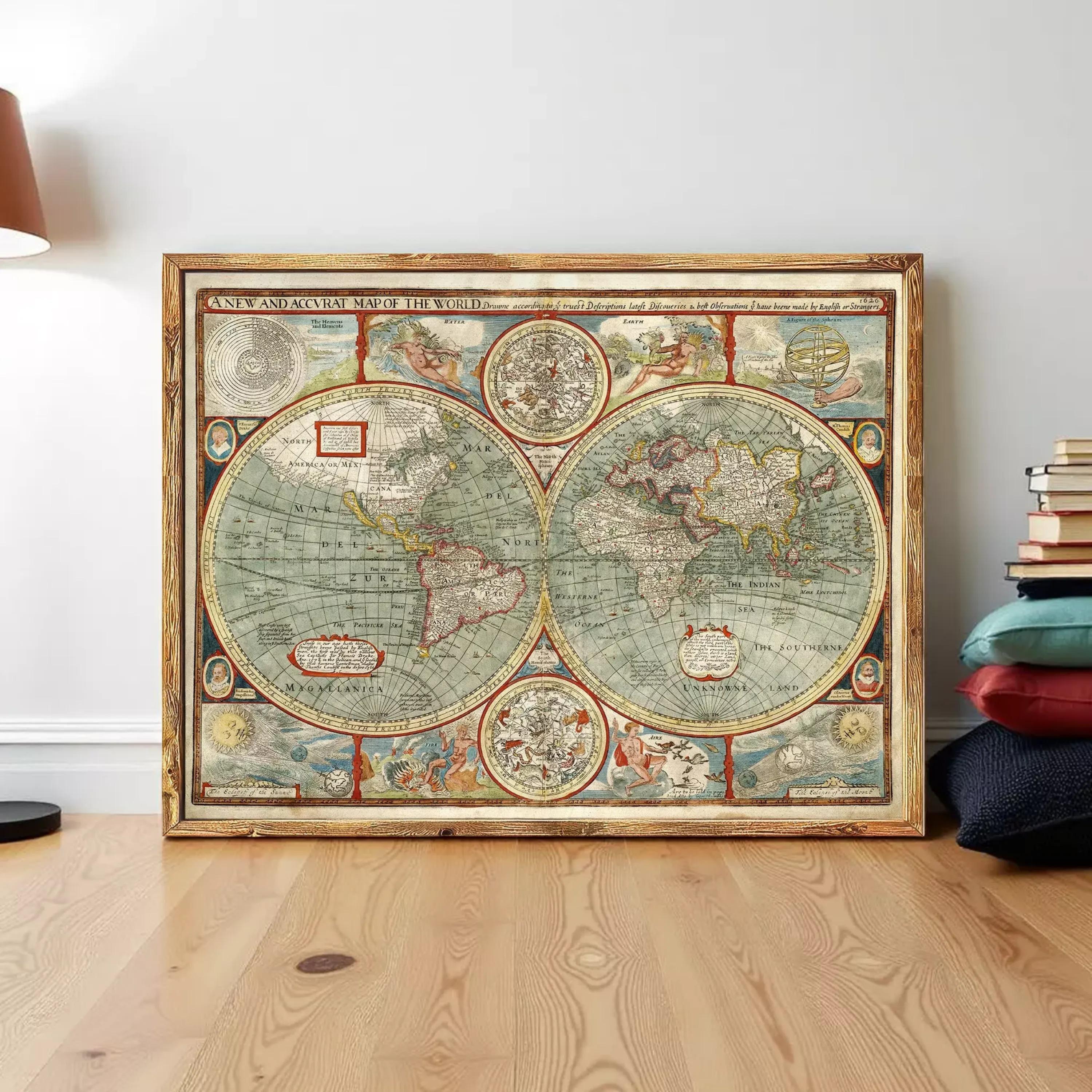 The image is a framed antique world map with intricate details and designs.