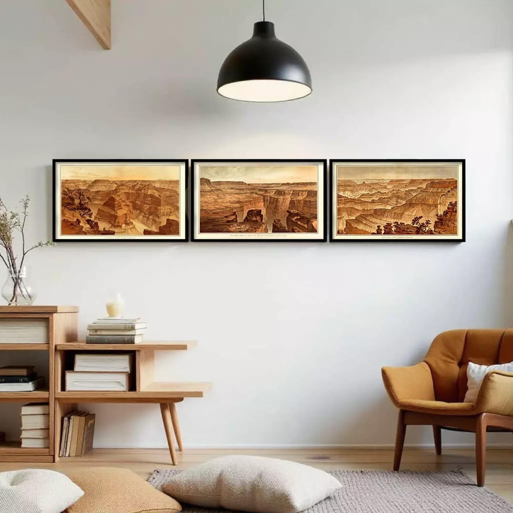 The image is a collage of three framed landscape photographs depicting the Grand Canyon.