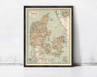 The image is a framed map of Denmark, showing the country's geographical layout and surrounding areas.