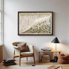 The image is a framed painting depicting a mountainous landscape with a snowy, wintry scene.