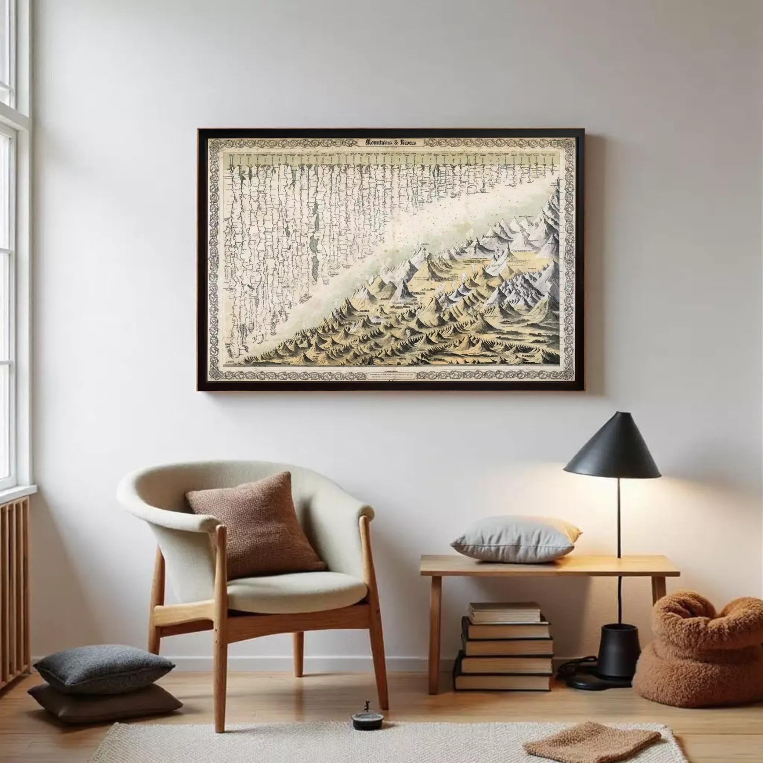 The image is a framed painting depicting a mountainous landscape with a snowy, wintry scene.