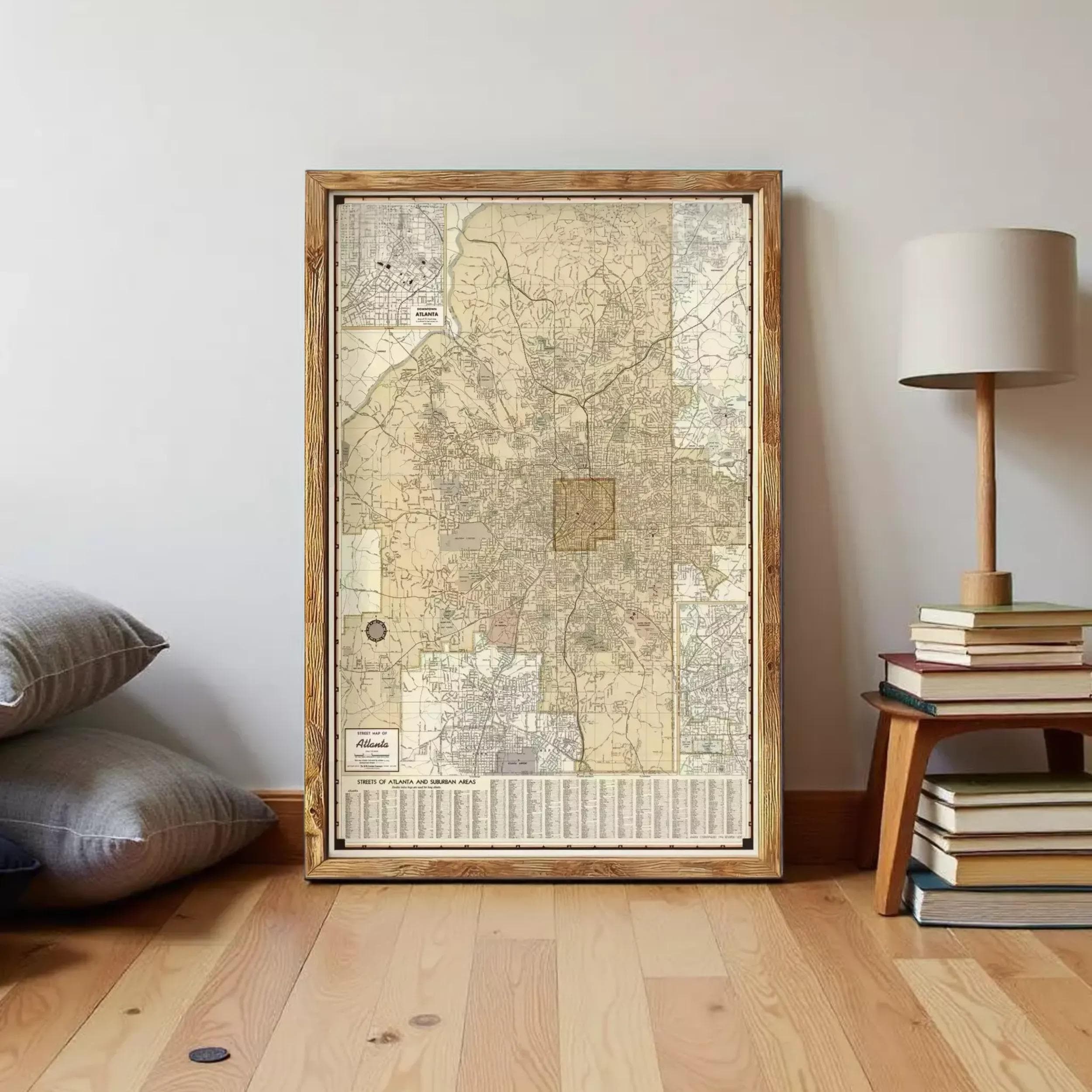The image is a framed vintage map of the United States, likely from the early 20th century, displayed on a white wall.