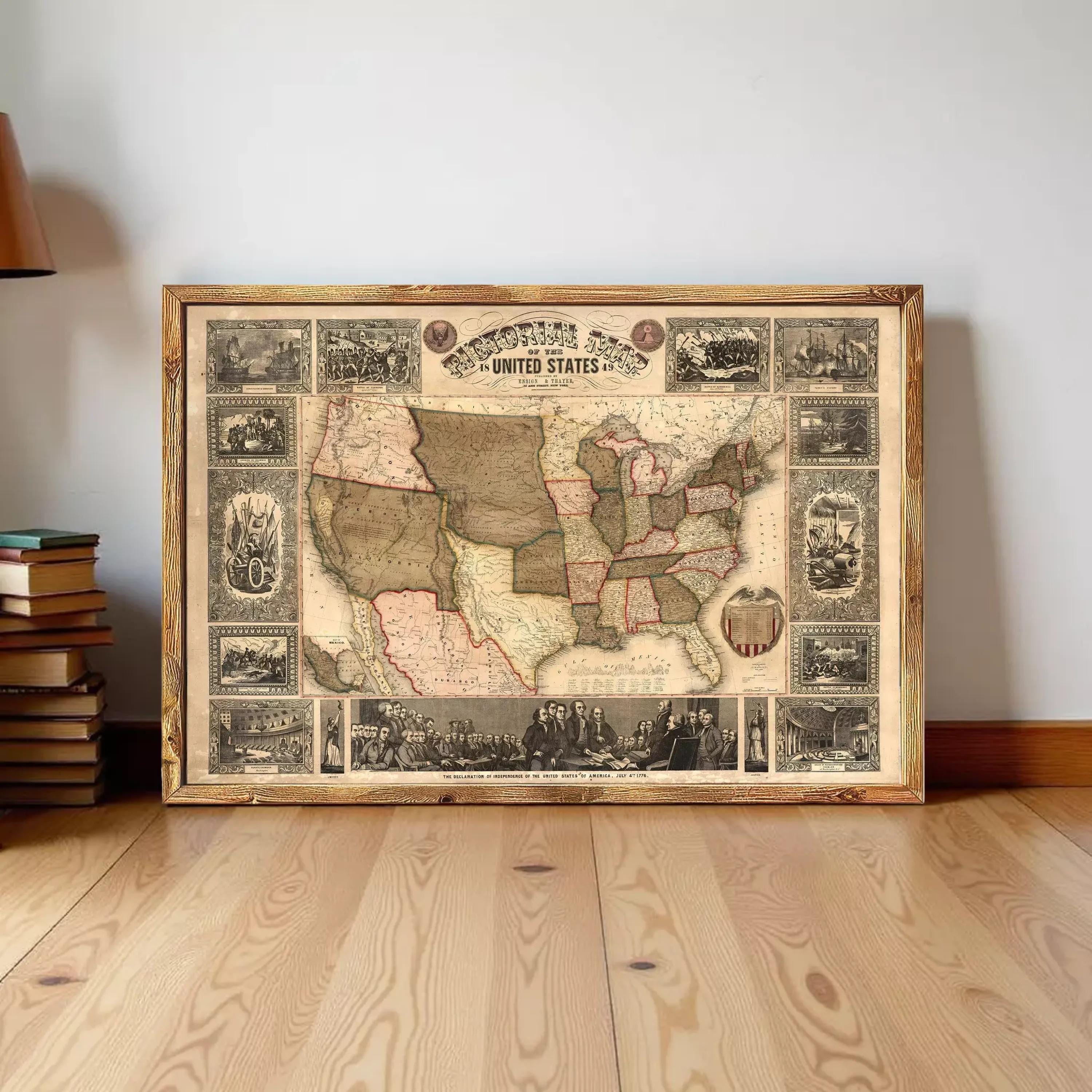 The image is a framed vintage map of the United States, depicting various scenes and landmarks from the country.