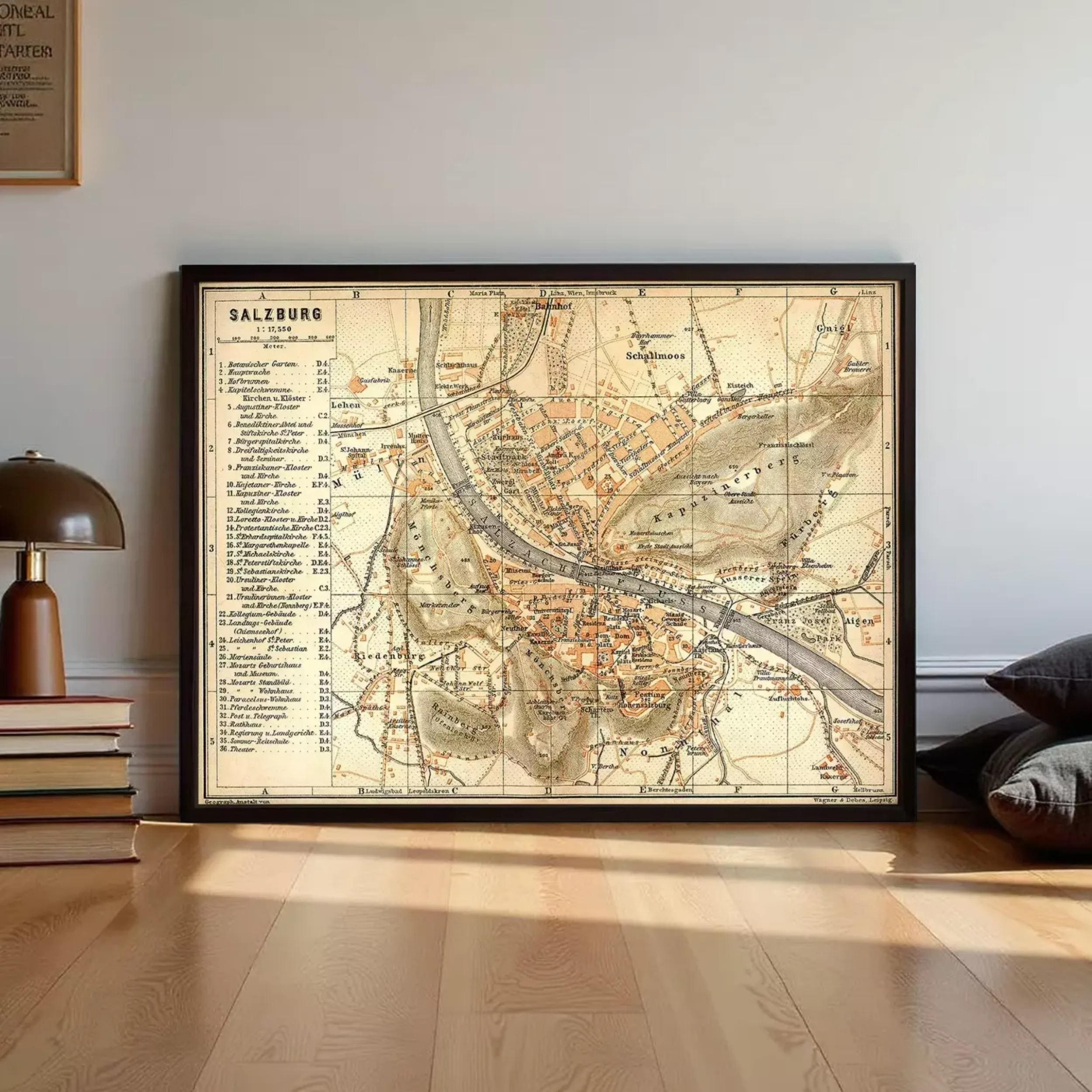 The image is a framed vintage map of Salzburg, Austria, depicting the city and its surrounding areas.