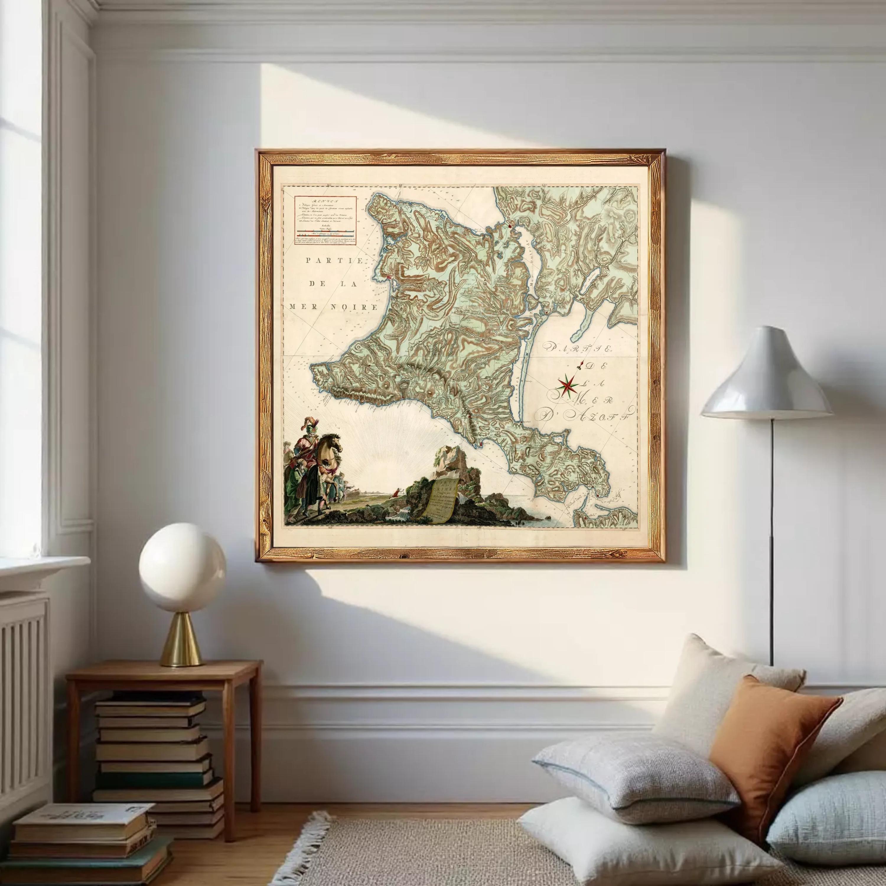 The image is a framed antique map of France, depicting a mountainous region with a river and a small town.