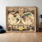 The image is a vintage-style world map with intricate designs and illustrations, depicting various landmarks and regions.