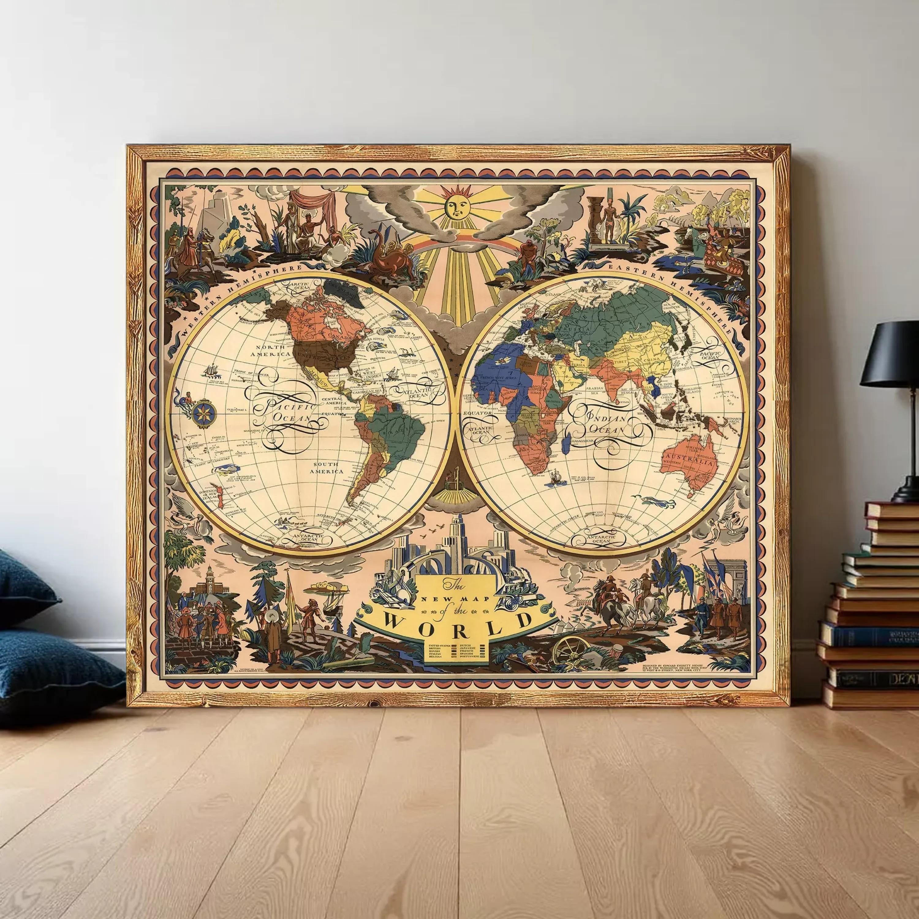 The image is a vintage-style world map with intricate designs and illustrations, depicting various landmarks and regions.