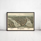 The image is a framed vintage map of Pittsburgh, Pennsylvania, depicting the city's layout and surrounding areas.