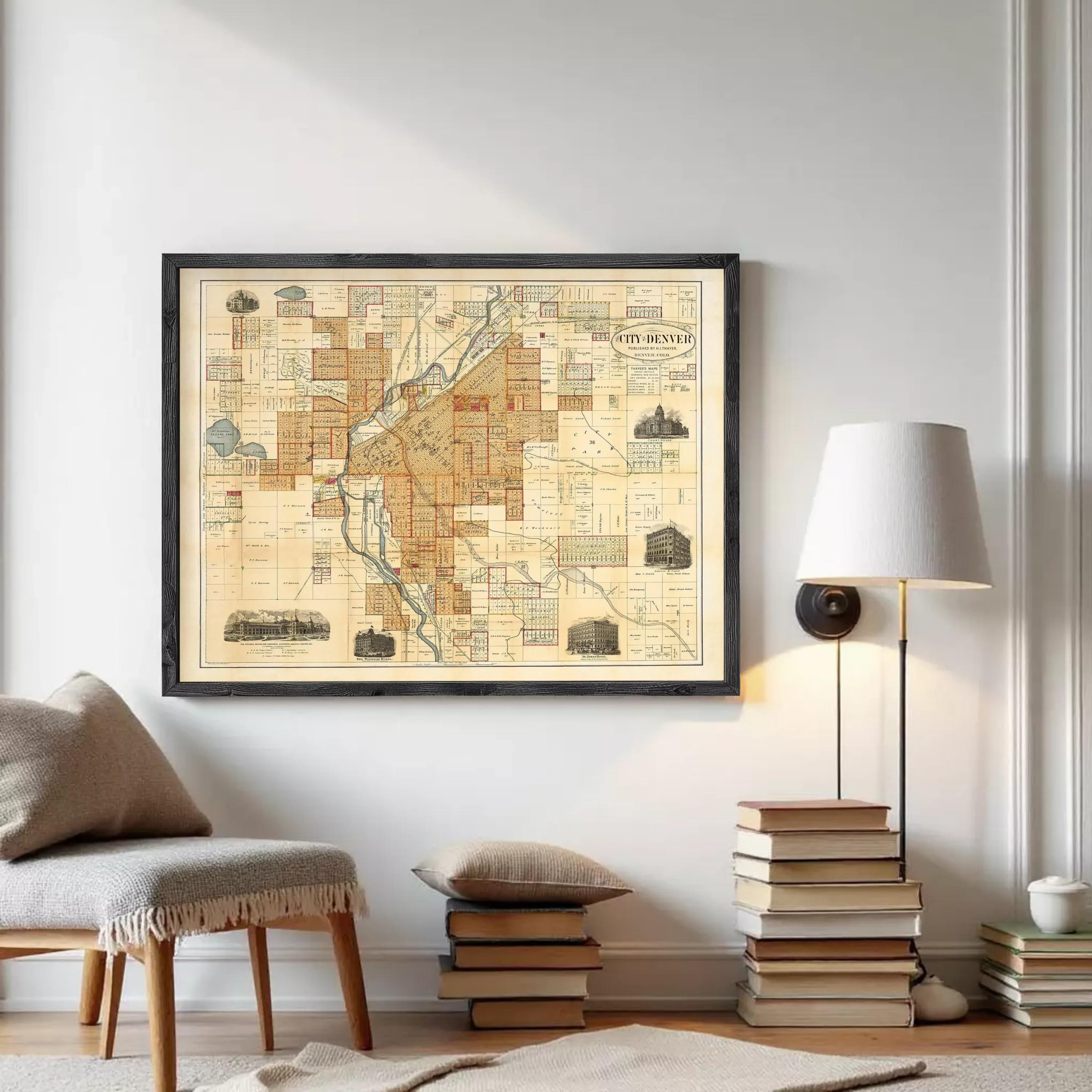 The image is a framed vintage map of the city of Denver, Colorado, depicting various landmarks and streets.