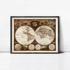 The image is a framed antique map of the world, featuring intricate details and decorative elements.