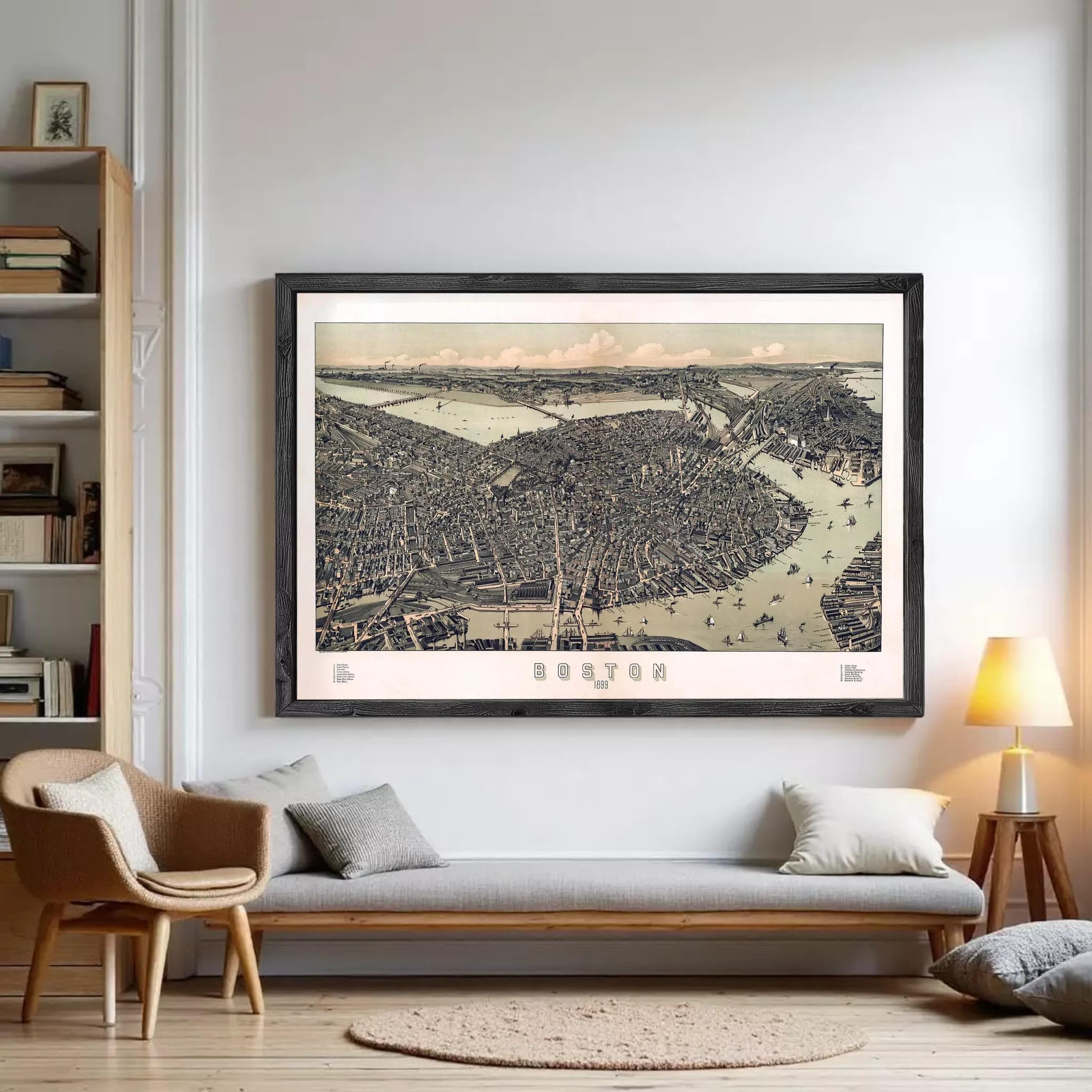 The image is a framed vintage map of Boston, depicting the city's layout and surrounding areas.
