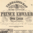 The image is a detailed map of Prince Edward County, Ontario, Canada, featuring ornate typography and illustrations of buildings.