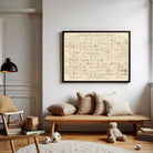a cozy living room with a wooden bench, a teddy bear, and a lamp. Above the bench, there is a framed poster or map hanging on the wall, which appears to be a decorative piece.