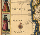 The image is a vintage map of Maine and the surrounding areas, featuring a detailed illustration of people and landmarks.