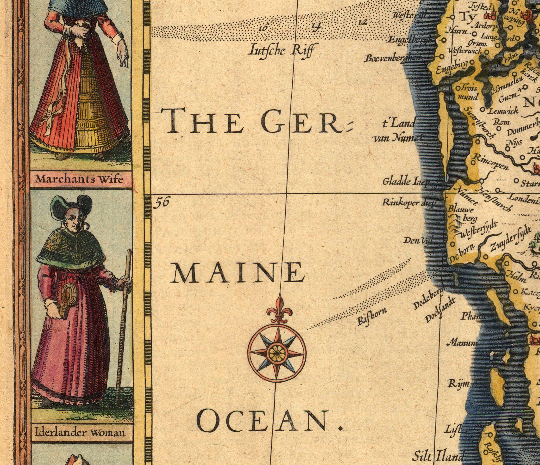 The image is a vintage map of Maine and the surrounding areas, featuring a detailed illustration of people and landmarks.