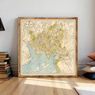 a large framed map of the city of Oslo, Norway, with a wooden frame and a vintage style.