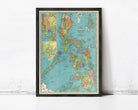 The image is a framed vintage map of the Philippines, showing the country's geographical layout and surrounding areas.