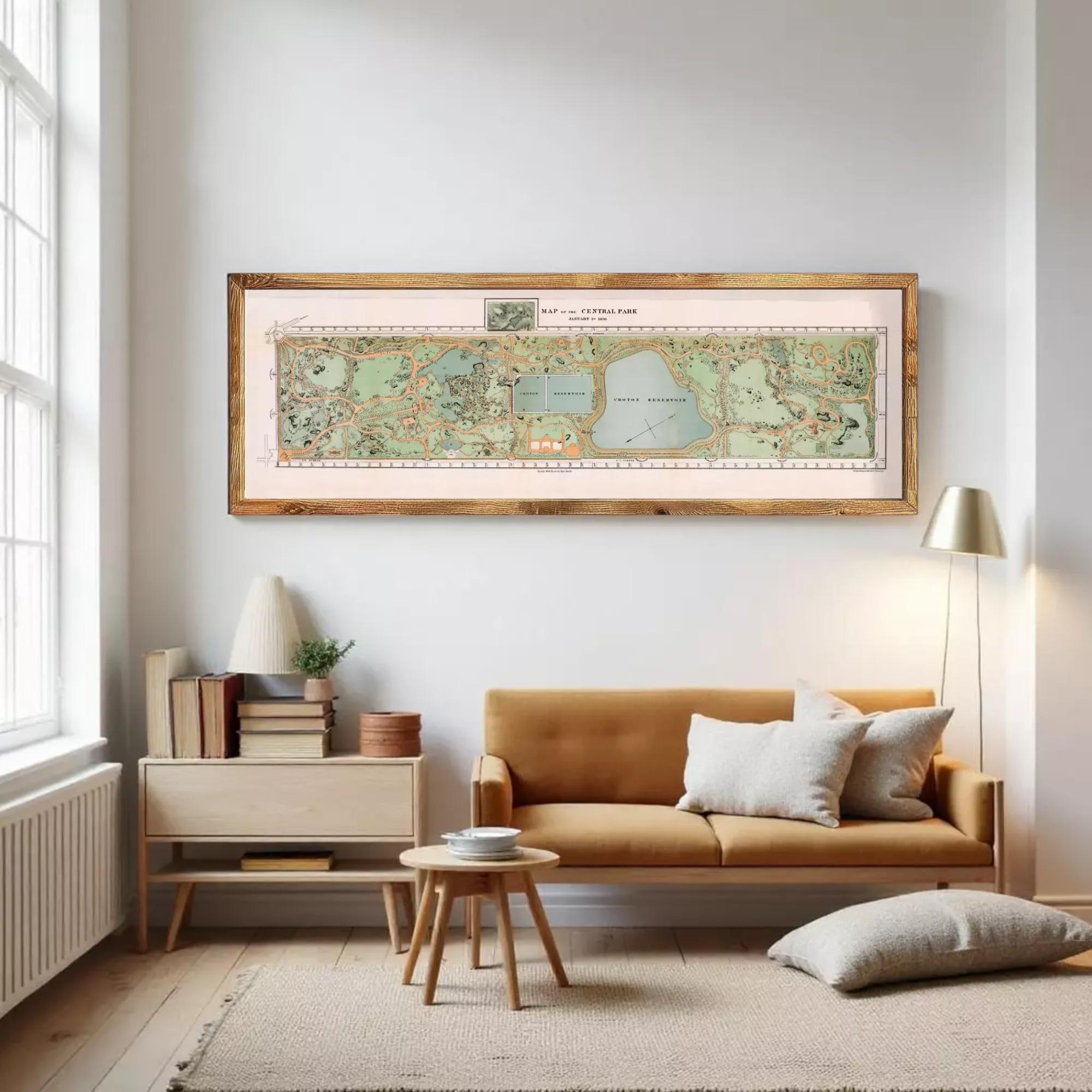 The image is a framed map of Central Park, New York City, depicting the park's layout and surrounding areas.