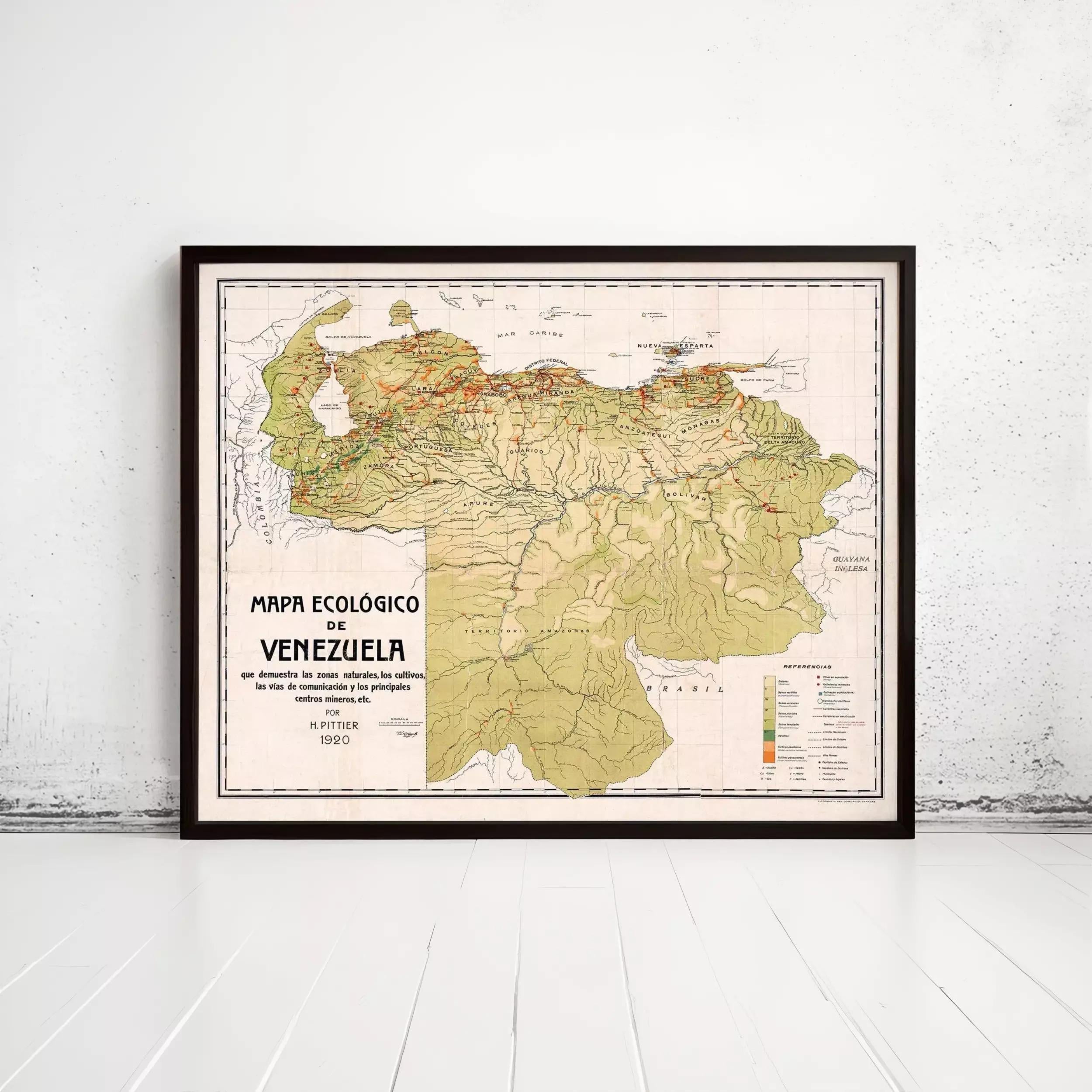 The image is a framed map of Venezuela, depicting the country's geographical features and boundaries.