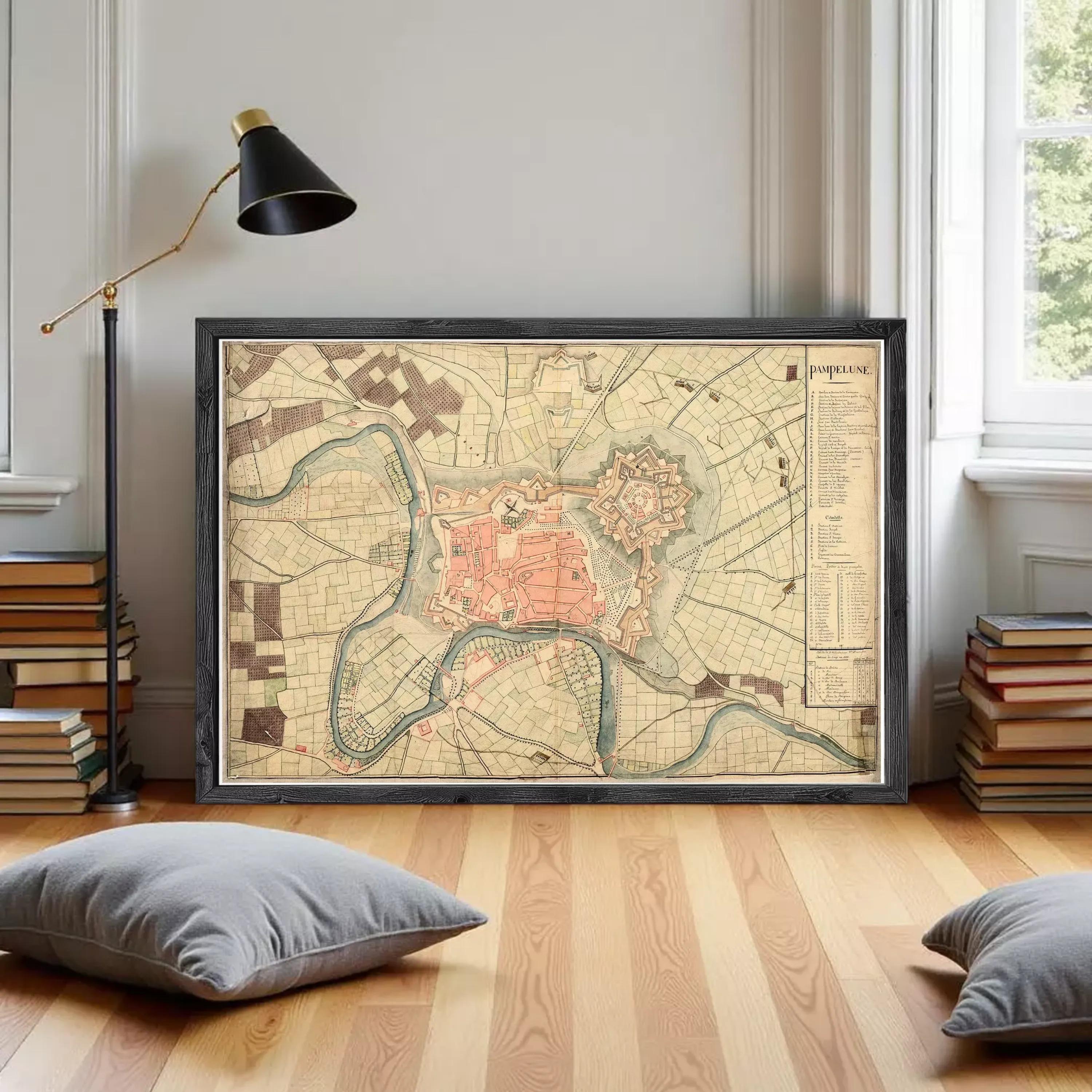 The image is a framed historical map of the city of Pampole, showing the layout of the city and surrounding areas.