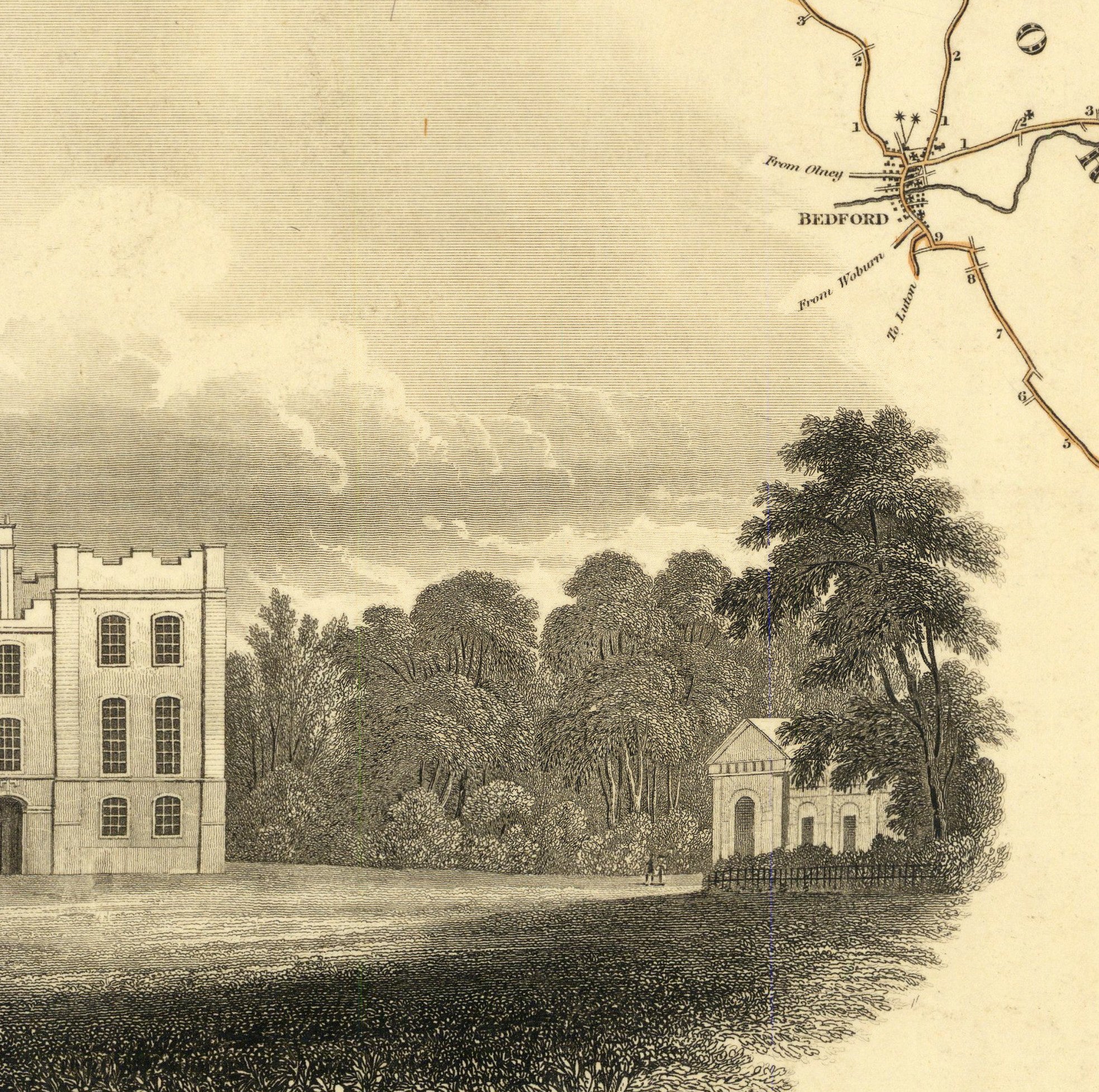 The image is a vintage illustration depicting a large building surrounded by trees and a smaller building in the foreground.