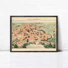 The image is a framed vintage map of a city, depicting a detailed and colorful cityscape with various buildings, roads, and natural elements.