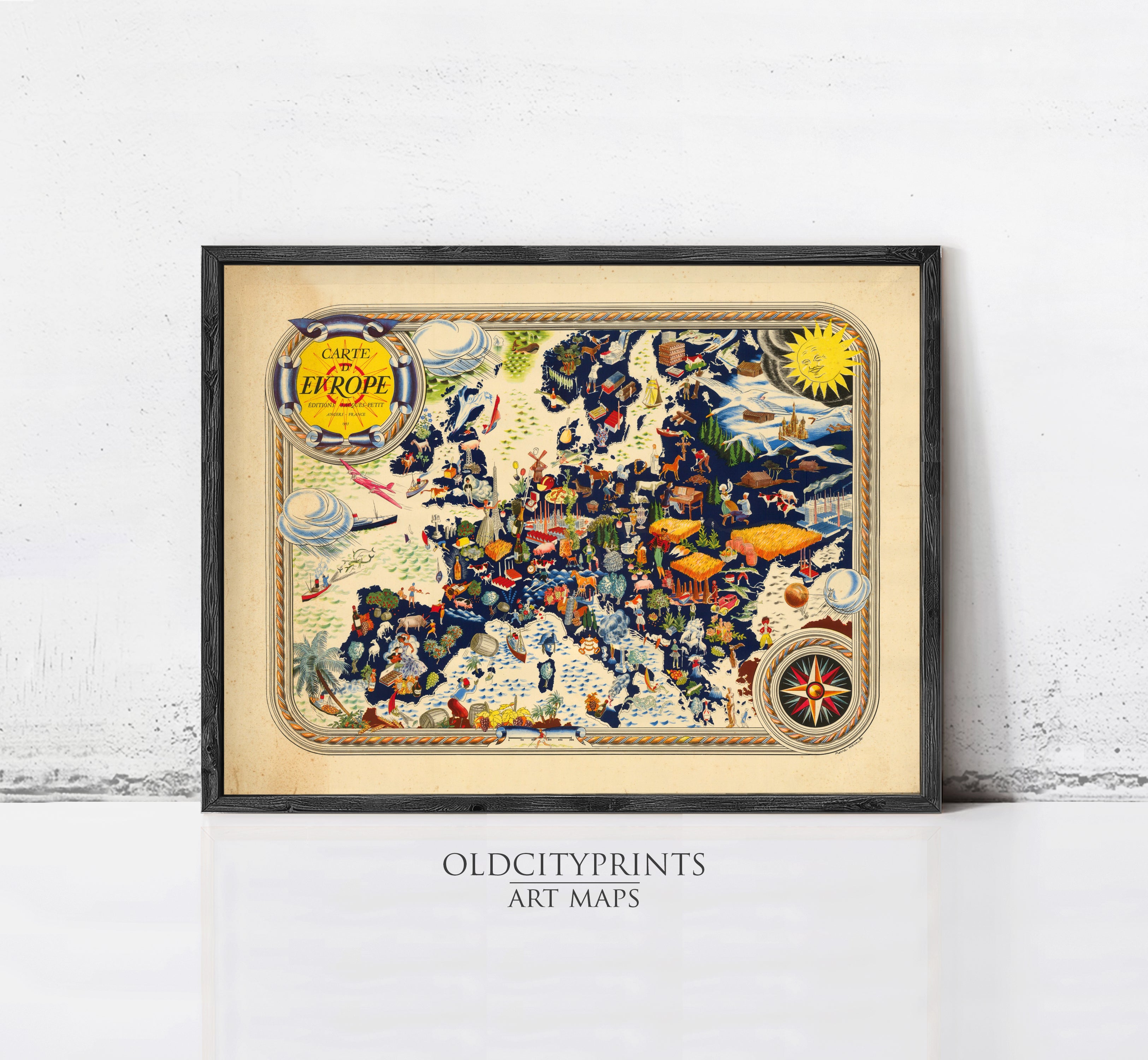 The image is a framed vintage map of Europe, featuring various landmarks, symbols, and illustrations.