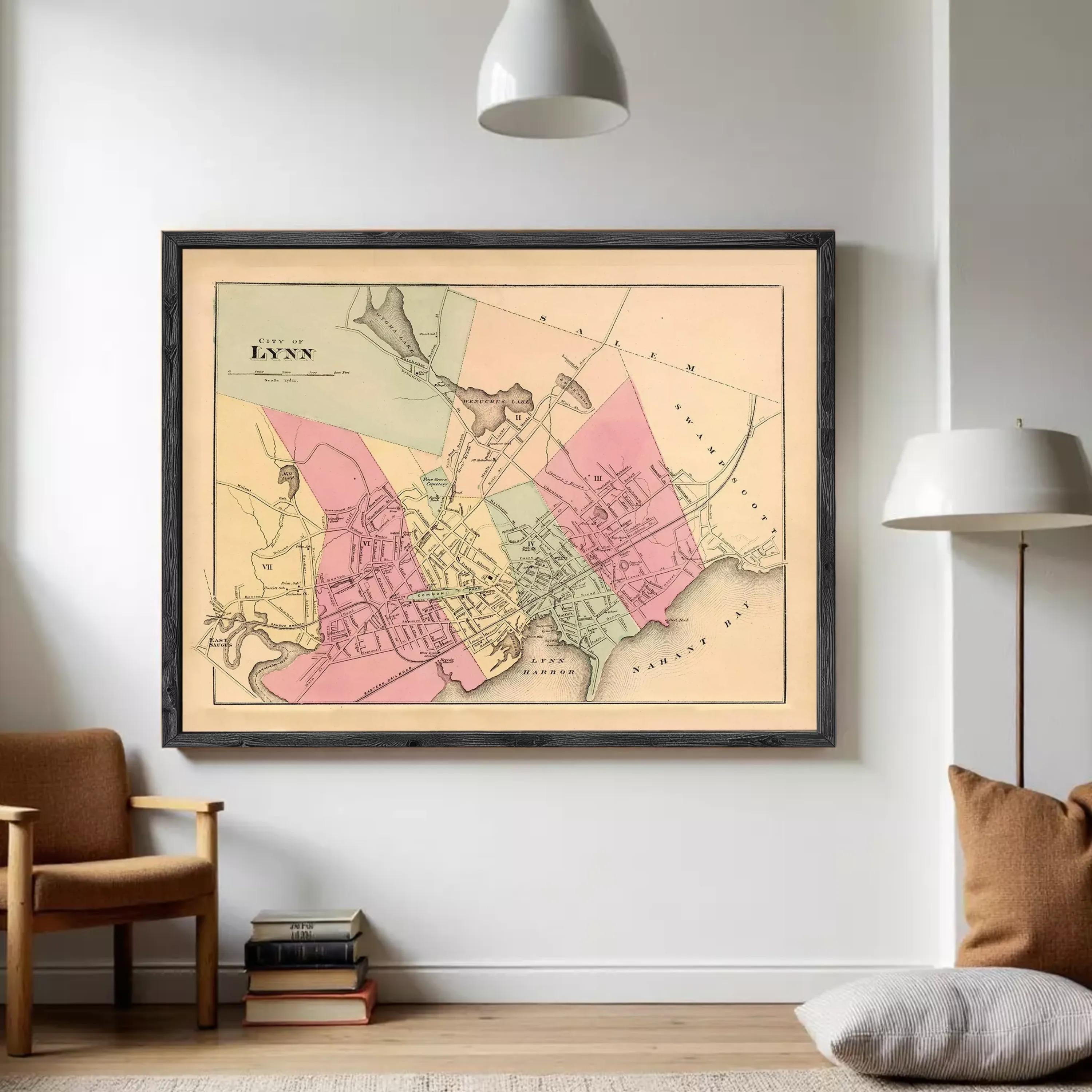 The image is a framed vintage map of Lynn, Massachusetts, depicting the town and surrounding areas.