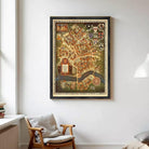 The image is a framed vintage map of a city, depicting various landmarks and streets.