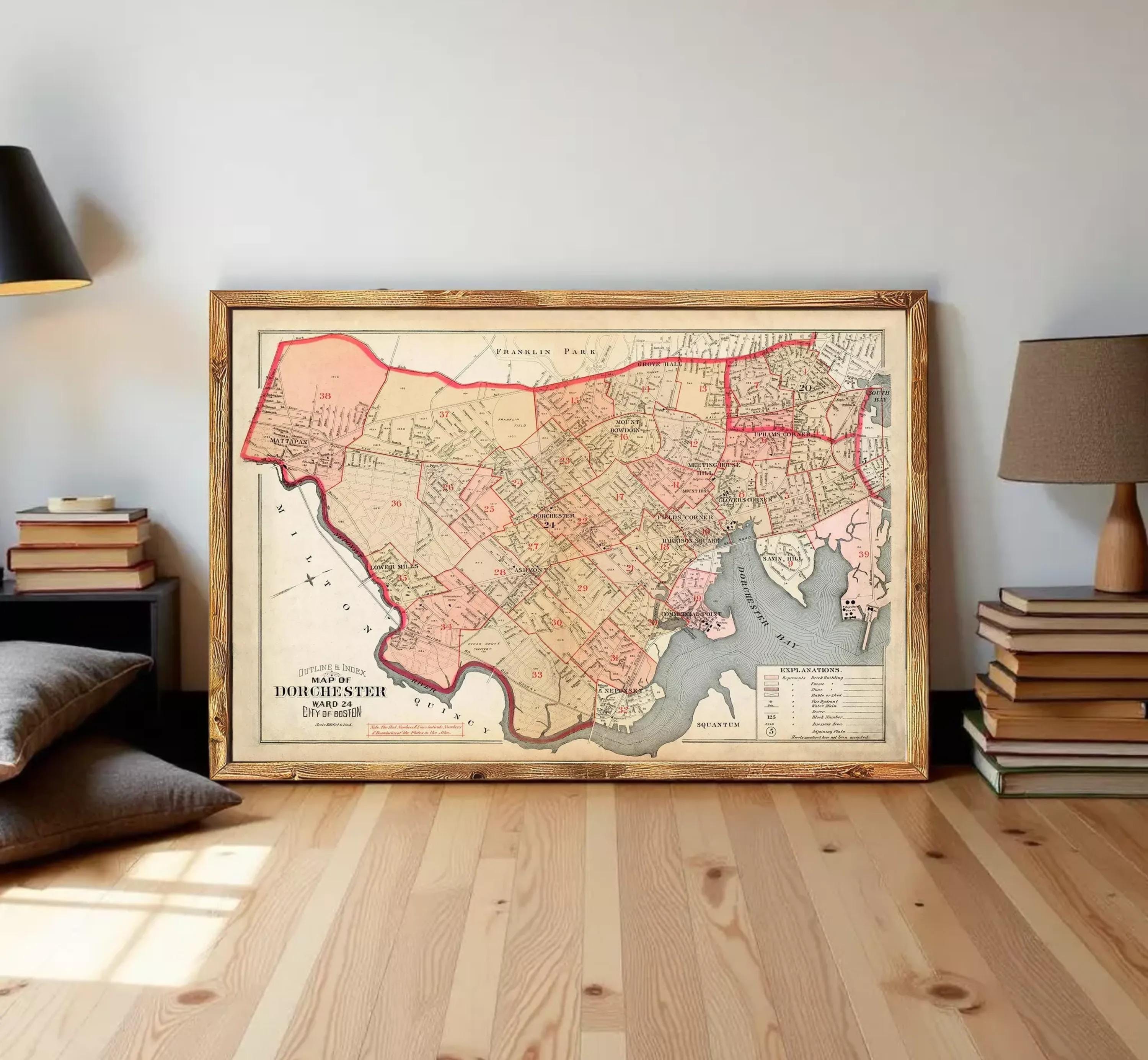 The image is a framed vintage map of Dorchester, Massachusetts, showing the layout of the city and surrounding areas.