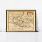 The image is a framed antique map of the Western Hemisphere, depicting the Americas, Europe, and Africa.