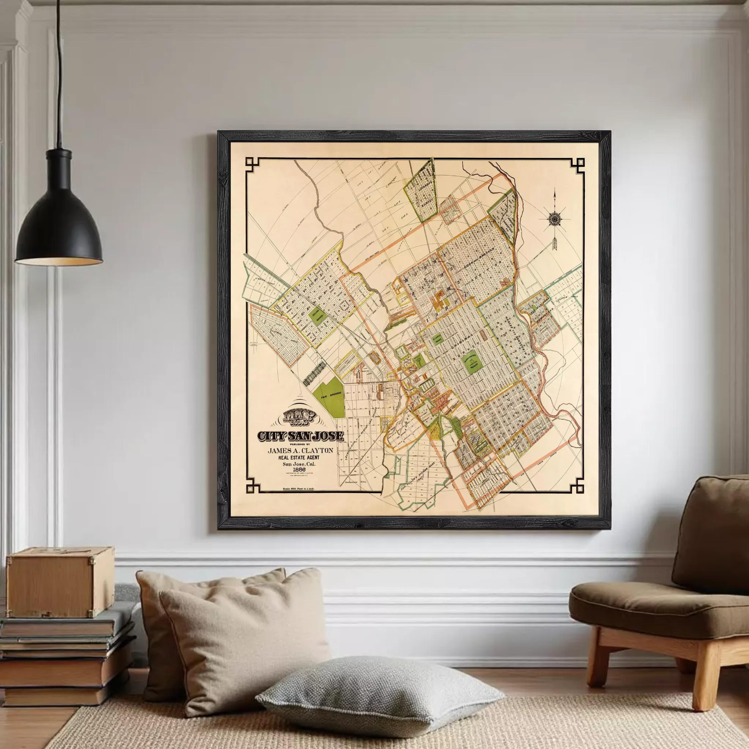 The image is a framed map of San Jose, California, depicting the city's layout and surrounding areas.