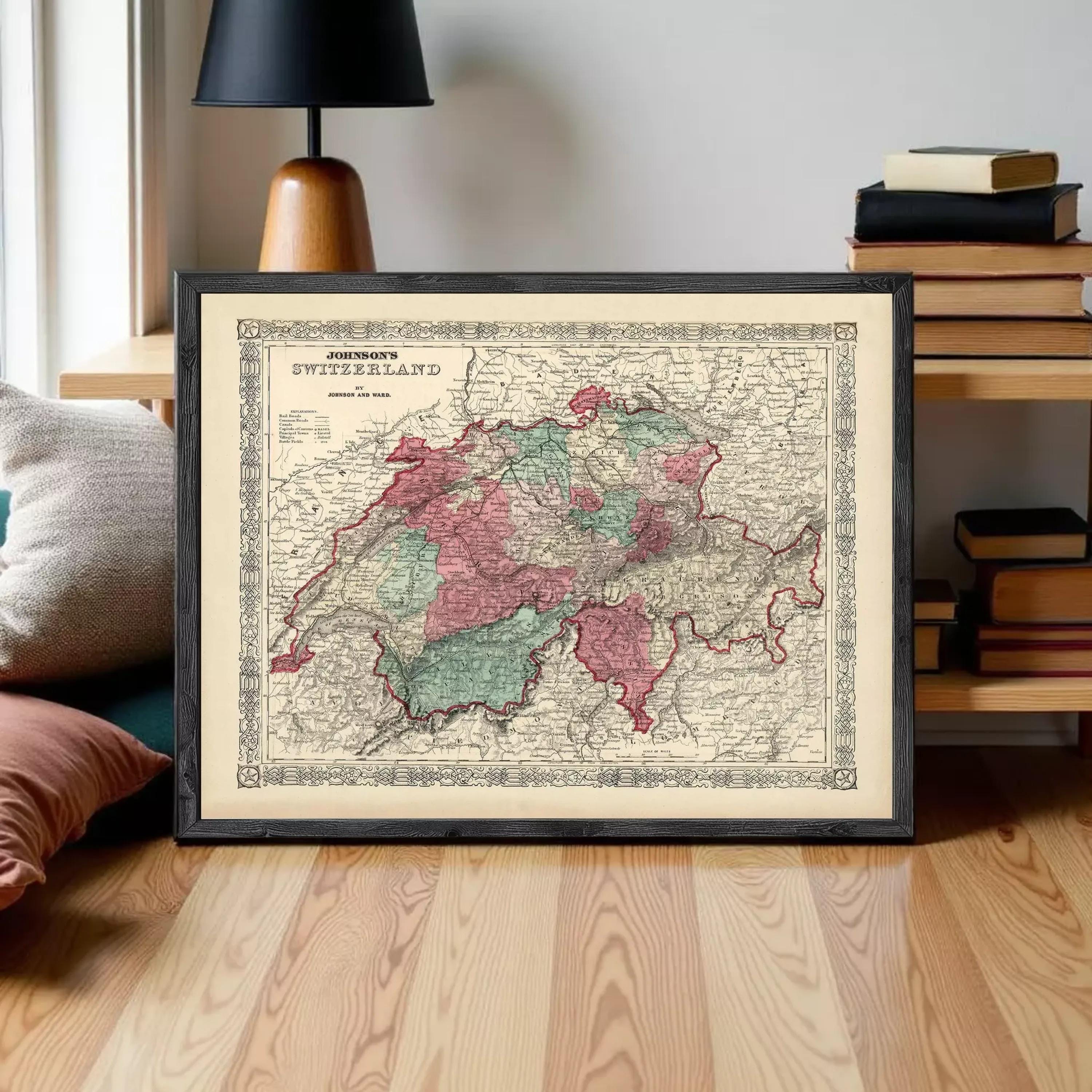 The image is a framed vintage map of Switzerland, depicting the country's geographical layout and boundaries.