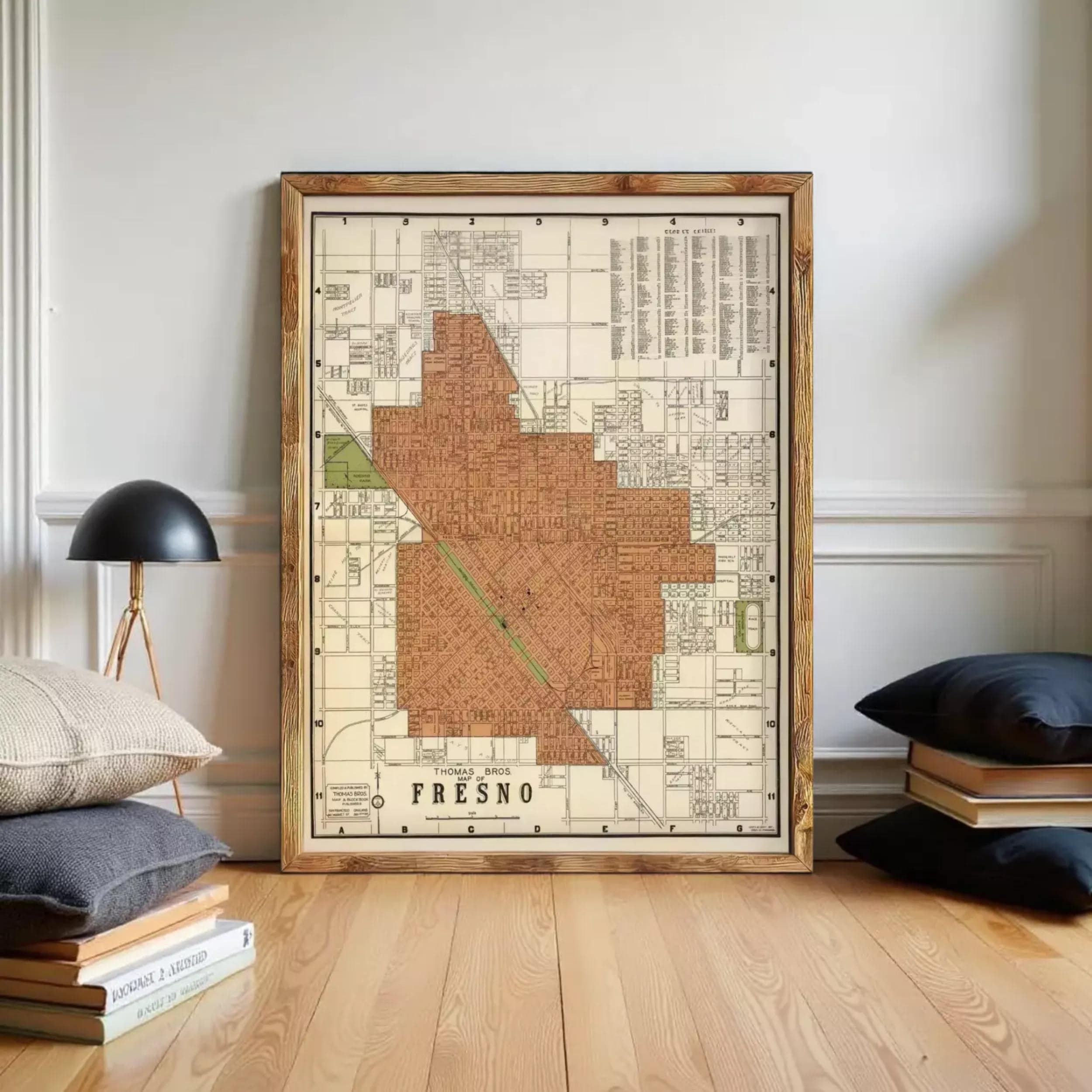 The image is a framed map of the city of Fresno, California.