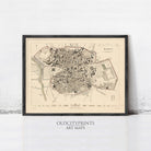 The image is a framed vintage map of Madrid, Spain, depicting the city's layout and surrounding areas.